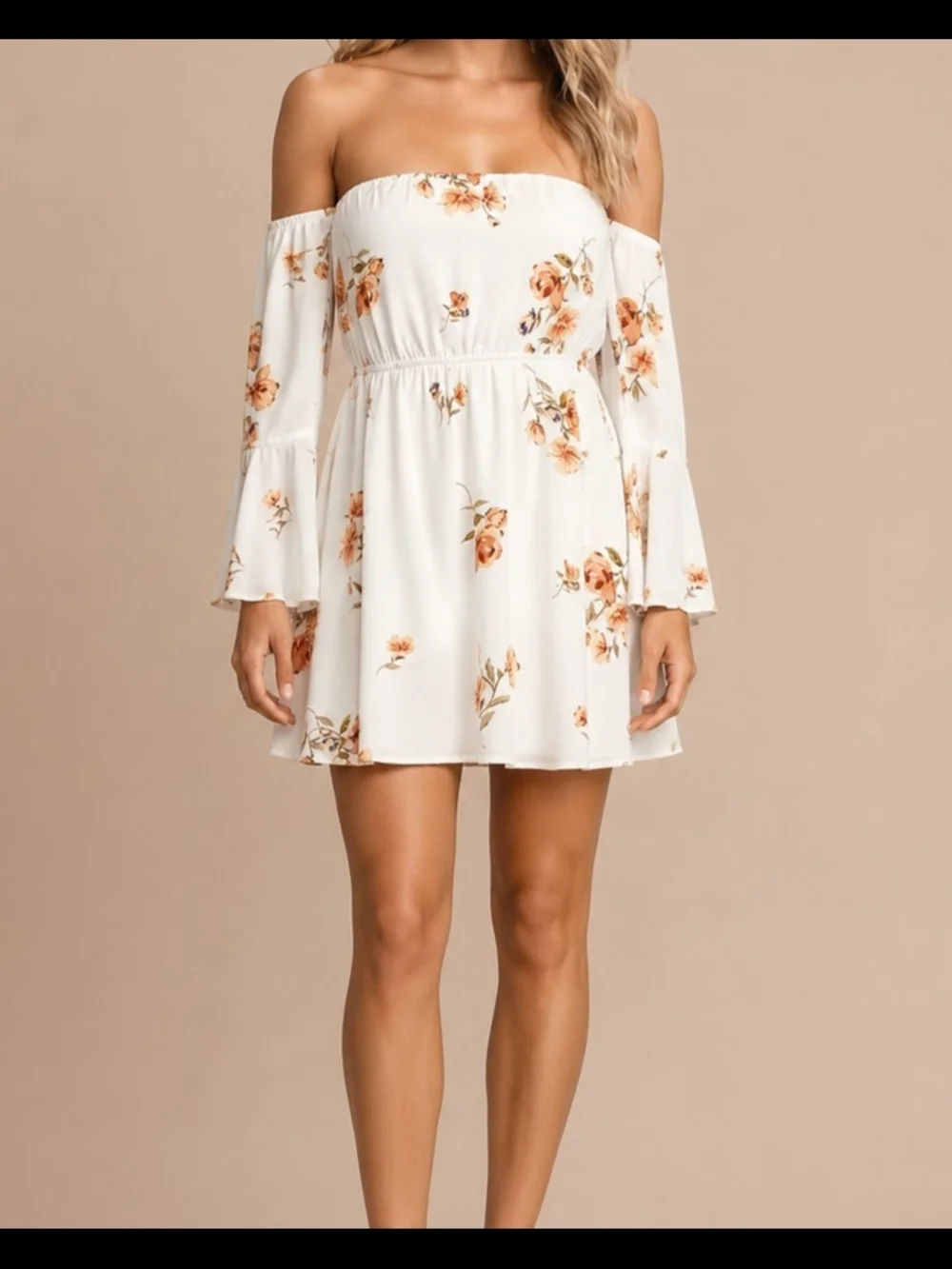 Lulu's Women's Cream Off-Shoulder Floral Tunic Mini Dress w/Peach Blooms Size XS